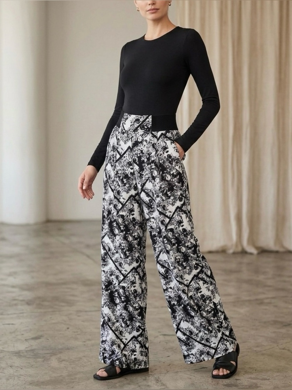 Xhilaration Black White High Waist Wide Leg Boho Pants Size S